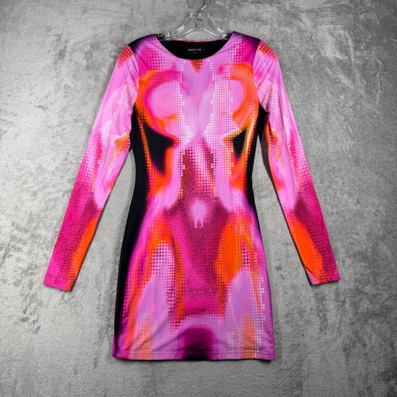 White Fox Boutique Bodycon Mini Dress Pink Orange Abstract Print Long Sleeve - Picture 2 of 12